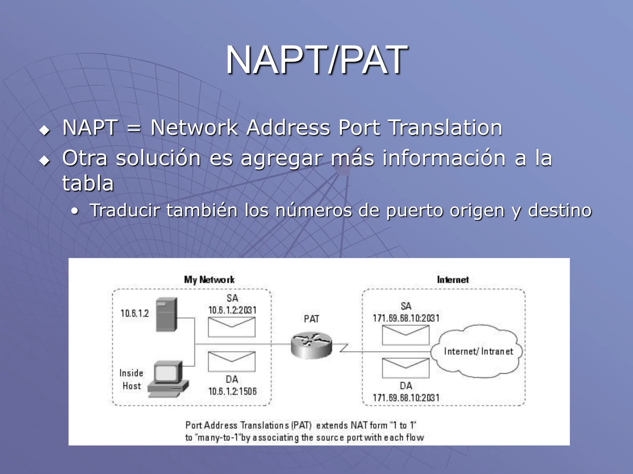 NAPT/PAT
 NAPT = Network Address Port Translation
 Otra solución es agregar más información a la
tabla
• Traducir también los números de puerto origen y destino
 