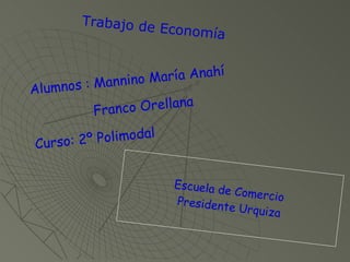 Alumnos : Mannino María Anahí Franco Orellana  Curso: 2º Polimodal Trabajo de Economía Escuela de Comercio  Presidente Urquiza 