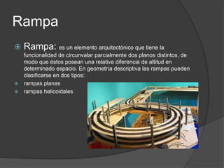 Rampa





Rampa: es un elemento arquitectónico que tiene la
funcionalidad de circunvalar parcialmente dos planos distintos, de
modo que éstos posean una relativa diferencia de altitud en
determinado espacio. En geometría descriptiva las rampas pueden
clasificarse en dos tipos:
rampas planas
rampas helicoidales

 