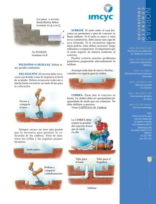 CAPÍTULOTRES27Suelo pobre… CAPÍTULOSEIS27
PELDAÑOS O HUELLAS. Deben te-
ner peraltes uniformes.
EXCAVACIÓN. El terreno debe exca-
varse tan hondo como lo requiera el nivel
de acabado. Deben arrancarse toda raíz o
hierba hasta encontrar un suelo firme para
la colocación.
Siempre excave un área más grande
que la necesaria para permitir la co-
locación de las cimbras. Trate de man-
tener las orillas y las esquinas perpen-
diculares.
NMX-C-083-ONNCCE-2002
Resistencia a la compresión
de cilindros de concreto
NMX-C-109-ONNCCE-2004
Cabeceo de especímenes
cilíndricos
NMX-C-163-ONNCCE
Determinación de la resistencia
a la tensión
NMX-C-169-ONNCCE-1999
Obtención y prueba
de corazones
NMX-C-1992-ONNCCE-1997
Determinacion del índice
de rebote
NMX-C-251-1997-ONNCCE
Concreto terminología
Nota:
Existen 25 normas para
concreto endurecido
Se pueden consultar
en la biblioteca IMCYC
www.imcyc.com
Se pueden adquirir en el
ONNCCE
Tel. 5273 1991
Fax: 5273 3431
NORMAS
CONCRETO
ENDURECIDO
Los pisos o accesos
domiciliarios deben
terminar en A o en C.
No PUEDEN
terminar en B
A
C
B
Tubo para
el baño
Tubo para el
fregadero
Subbase
Excave y
compacte
el área…
SUBBASE. El suelo sobre el cual des-
cansa un pavimento o piso de concreto se
llama subbase. Si el suelo es suave o varía
en su consistencia, debe usarse una capa de
roca triturada. Si se encuentran algunas
áreas pobres, éstas deben excavarse, luego
rellenarse y compactarse. Es importante que
el suelo soporte de manera uniforme al
concreto.
Pueden evitarse muchos problemas
posteriores preparando adecuadamente la
subbase.
CIMBRA. Éstas dan al concreto su
forma. La cimbra debe ser apropiadamente
apuntalada de modo que sea resistente. No
debe doblarse o moverse.
Véase CAPÍTULO 18 Cimbras
La CIMBRA debe
resistir la presión
del concreto fresco
que se vacíe
en ella
Rellene y
compacte
cuidadosamente
Arranque toda clase de raíces o hierbas…
considere un espacio para la cimbra
R
 
