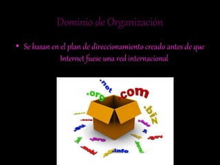 Dominio de Organización
• Se basan en el plan de direccionamiento creado antes de que
Internet fuese una red internacional
