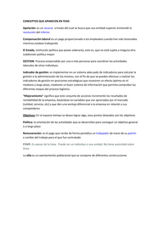 CONCEPTOS QUE APARECEN EN TESIS
Apelación: es un recurso a través del cual se busca que una entidad superior enmiende la
resolución del inferior.
Compensación laboral es un pago proporcionado a los empleados cuando han sido lesionados
mientras estaban trabajando
El Estado, institución política que posee soberanía, esto es, que no está sujeta a ninguna otra
subdivisión política mayor
GESTION. Proceso emprendido por una o más personas para coordinar las actividades
laborales de otros individuos.
Indicador de gestión: es implementar en un sistema adecuado de indicadores para calcular la
gestión o la administración de los mismos, con el fin de que se puedan efectuar y realizar los
indicadores de gestión en posiciones estratégicas que muestren un efecto óptimo en el
mediano y largo plazo, mediante un buen sistema de información que permita comprobar las
diferentes etapas del proceso logístico.
"Mejoramiento" significa que este conjunto de acciones incremente los resultados de
rentabilidad de la empresa, basándose en variables que son apreciadas por el mercado
(calidad, servicio, etc) y que den una ventaja diferencial a la empresa en relación a sus
competidores
Objetivos: En el espacio-tiempo se desea lograr algo, esos puntos deseados son los objetivos.
Política: la orientación de las actividades que se desarrollan para conseguir un objetivo general
o a largo plazo
Remuneración: es el pago que recibe de forma periódica un trabajador de mano de su patrón
a cambio del trabajo para el que fue contratado
STAFF: Es asesor de la línea . Puede ser un individuo o una unidad. No tiene autoridad sobre
línea.
La villa es un asentamiento poblacional que se compone de diferentes construcciones
 