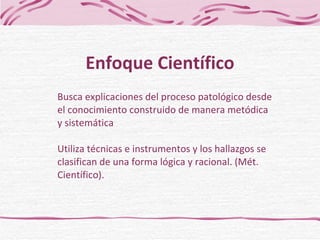 Busca explicaciones del proceso patológico desde  el conocimiento construido de manera metódica  y sistemática Utiliza técnicas e instrumentos y los hallazgos se clasifican de una forma lógica y racional. (Mét. Científico). Enfoque Científico 