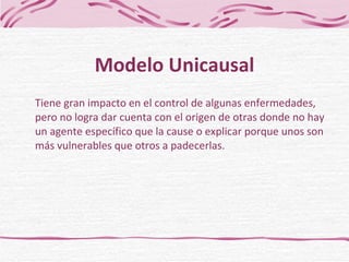 Tiene gran impacto en el control de algunas enfermedades, pero no logra dar cuenta con el origen de otras donde no hay un agente específico que la cause o explicar porque unos son más vulnerables que otros a padecerlas. Modelo Unicausal 