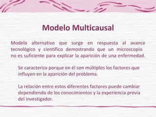 Modelo alternativo que surge en respuesta al avance tecnológico y científico demostrando que un microscopio  no es suficiente para explicar la aparición de una enfermedad. Modelo Multicausal Se caracteriza porque en él son múltiples los factores que influyen en la aparición del problema.  La relación entre estos diferentes factores puede cambiar dependiendo de los conocimientos y la experiencia previa  del investigador. 