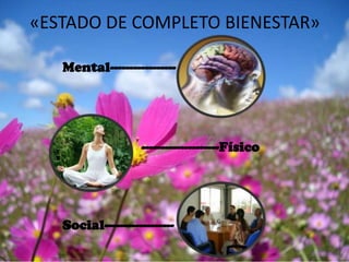 «ESTADO DE COMPLETO BIENESTAR»

   Mental-----------------




                   --------------------Físico




   Social------------------
 