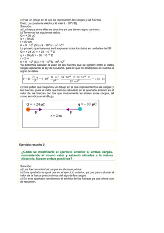 c) Haz un dibujo en el que se representen las cargas y las fuerzas.
Dato: La constante eléctrica K vale 9 · 109 (SI)
Solución:
a) La fuerza entre ellas es atractiva ya que tienen signo contrario.
b) Tenemos los siguientes datos:
Q = + 30 µC
q = - 50 µC
r = 80 cm
K = 9 · 109 (SI) = 9 · 109 N · m2 / C2
Lo primero que haremos será expresar todos los datos en unidades del SI:
Q = + 24 µC = + 24 · 10 −6 C
q = - 30 µC = - 30 · 10 −6 C
r=2m
K = 9 · 109 (SI.) = 9 · 109 N · m2 / C2
Ya podemos calcular el valor de las fuerzas que se ejercen entre sí estas
cargas aplicando la ley de Coulomb, para lo que no tendremos en cuenta el
signo de éstas.




c) Nos piden que hagamos un dibujo en el que representemos las cargas y
las fuerzas, pues el valor que hemos calculado en el apartado anterior es el
valor de las fuerzas con las que mutuamente se atraen estas cargas, tal
como se indica en el dibujo.




Ejercicio resuelto 2

 ¿Cómo se modificaría el ejercicio anterior si ambas cargas,
 manteniendo el mismo valor y estando situadas a la misma
 distancia, fuesen ambas positivas?

Solución:
a) Las fuerzas entre las cargas es ahora repulsiva.
b) Este apartado es igual que en el ejercicio anterior, ya que para calcular el
valor de la fuerza prescindimos del sigo de las cargas.
c) En este apartado cambiamos el sentido de las fuerzas ya que ahora son
de repulsión.
 