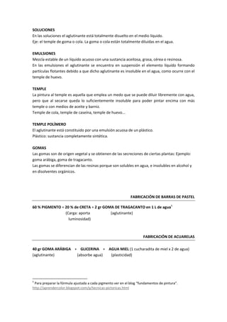 SOLUCIONES 
En las soluciones el aglutinante está totalmente disuelto en el medio líquido. 
Eje: el temple de goma o cola. La goma o cola están totalmente diluidas en el agua. 
 
EMULSIONES 
Mezcla estable de un líquido acuoso con una sustancia aceitosa, grasa, cérea o resinosa. 
En  las  emulsiones  el  aglutinante  se  encuentra  en  suspensión  el  elemento  líquido  formando 
partículas flotantes debido a que dicho aglutinante es insoluble en el agua, como ocurre con el 
temple de huevo. 
 
TEMPLE 
La pintura al temple es aquella que emplea un medo que se puede diluir libremente con agua, 
pero  que  al  secarse  queda  lo  suficientemente  insoluble  para  poder  pintar  encima  con  más 
temple o con medios de aceite y barniz. 
Temple de cola, temple de caseína, temple de huevo... 
 
TEMPLE POLÍMERO 
El aglutinante está constituido por una emulsión acuosa de un plástico. 
Plástico: sustancia completamente sintética. 
 
GOMAS 
Las gomas son de origen vegetal y se obtienen de las secreciones de ciertas plantas: Ejemplo: 
goma arábiga, goma de tragacanto. 
Las gomas se diferencian de las resinas porque son solubles en agua, e insolubles en alcohol y 
en disolventes orgánicos. 
 

 

                                                                  FABRICACIÓN DE BARRAS DE PASTEL 

60 % PIGMENTO + 20 % de CRETA + 2 gr GOMA DE TRAGACANTO en 1 L de agua5 
                                   (Carga: aporta                      (aglutinante) 
                                      luminosidad)                         
 
 
                                                                                      FABRICACIÓN DE ACUARELAS 
  
40 gr GOMA ARÁBIGA    +    GLICERINA    +    AGUA MIEL (1 cucharadita de miel x 2 de agua) 
(aglutinante)                        (absorbe agua)         (plasticidad)                 




                                                            
5
   Para preparar la fórmula ajustada a cada pigmento ver en el blog “fundamentos de pintura”. 
http://aprendercolor.blogspot.com/p/tecnicas‐pictoricas.html 
 
 