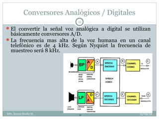 Conversores Analógicos / Digitales
                             11
 El convertir la señal voz analógica a digital se utilizan
  básicamente conversores A/D.
 La frecuencia mas alta de la voz humana en un canal
  telefónico es de 4 kHz. Según Nyquist la frecuencia de
  muestreo será 8 kHz.




MSc. Soraya Sinche M.        11                       11/09/12
 