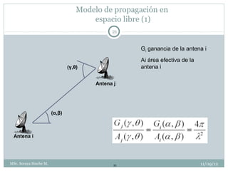 Modelo de propagación en
                                        espacio libre (1)
                                               21


                                                     Gi ganancia de la antena i
                                                     Ai área efectiva de la
                                (γ,θ)                antena i

                                         Antena j




                        (α,β)



  Antena i




MSc. Soraya Sinche M.                           21                            11/09/12
 