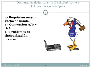 Desventajas de la transmisión digital frente a
                          la transmisión analógica
                                     9

1.- Requieren mayor
ancho de banda.
2.- Conversión A/D y
D/A.
3.- Problemas de
sincronización
precisa.




MSc. Soraya Sinche M.                 9                           11/09/12
 