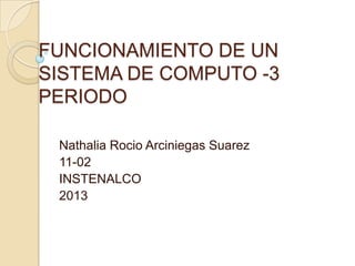 FUNCIONAMIENTO DE UN
SISTEMA DE COMPUTO -3
PERIODO
Nathalia Rocio Arciniegas Suarez
11-02
INSTENALCO
2013
 