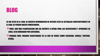 BLOG
ES UN SITIO EN EL CUAL SE INSERTA INFORMACION DE INTERES ESTA SE ACTUALIZA CONSTANTEMENTE EN
EL CUAL SE PUEDEN HACER COMENTARIOS.
FORO: SON UNA PLANIFICACION QUE DA SOPORTE O AYUDA PARA LAS DISCUCIONES Y OPINIONES EN
LINEA, ESTA ORDENADO POR CATEGORIA.
PAGINAS WEB: PAGINAS REGISTRADAS EN LA RED DE REDES COMO FACEBOOK, GOOGLE, YOUTUBE,
OTROS.
 