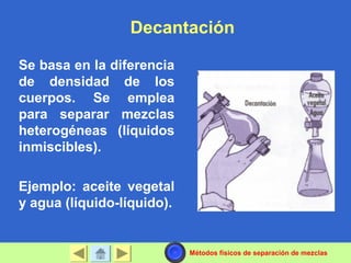 Decantación
Se basa en la diferencia
de densidad de los
cuerpos. Se emplea
para separar mezclas
heterogéneas (líquidos
inmiscibles).
Ejemplo: aceite vegetal
y agua (líquido-líquido).
Métodos físicos de separación de mezclas
 