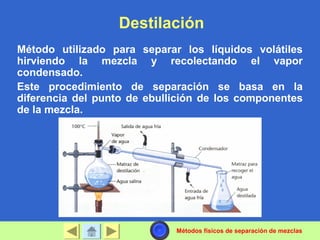 Destilación
Método utilizado para separar los líquidos volátiles
hirviendo la mezcla y recolectando el vapor
condensado.
Este procedimiento de separación se basa en la
diferencia del punto de ebullición de los componentes
de la mezcla.
Métodos físicos de separación de mezclas
 