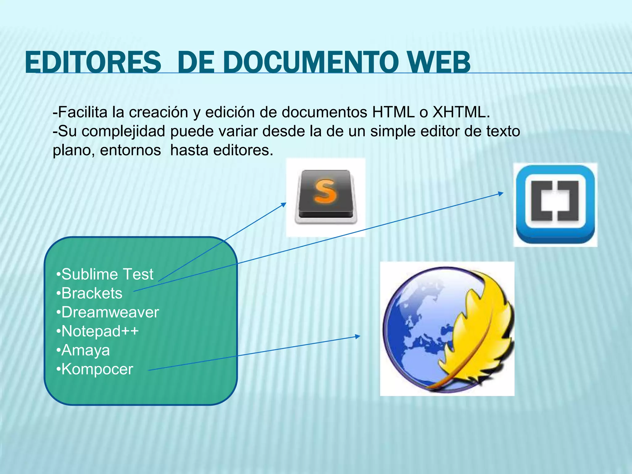 EDITORES DE DOCUMENTO WEB
-Facilita la creación y edición de documentos HTML o XHTML.
-Su complejidad puede variar desde la de un simple editor de texto
plano, entornos hasta editores.
•Sublime Test
•Brackets
•Dreamweaver
•Notepad++
•Amaya
•Kompocer
 