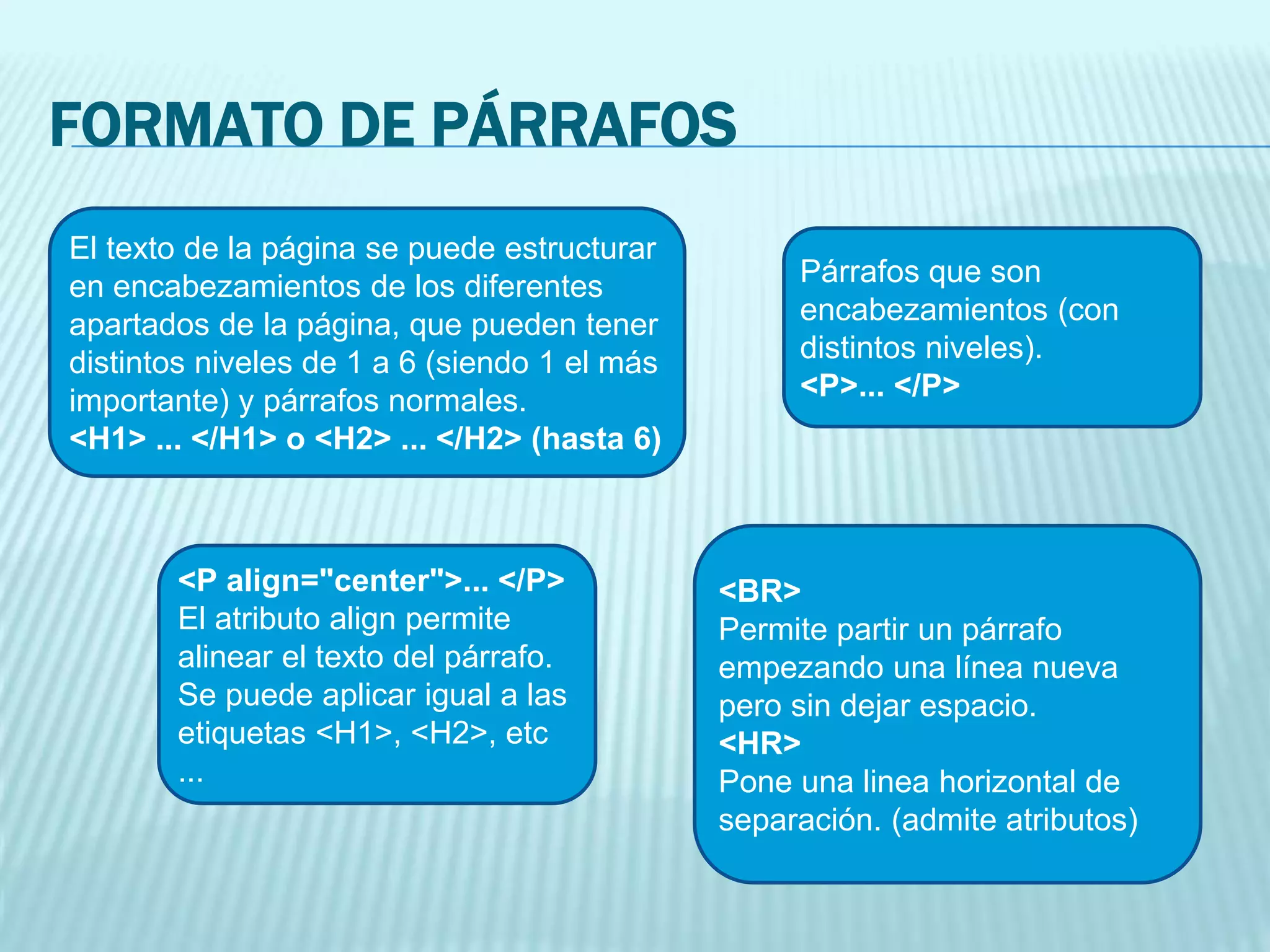 FORMATO DE PÁRRAFOS
El texto de la página se puede estructurar
en encabezamientos de los diferentes
apartados de la página, que pueden tener
distintos niveles de 1 a 6 (siendo 1 el más
importante) y párrafos normales.
<H1> ... </H1> o <H2> ... </H2> (hasta 6)
Párrafos que son
encabezamientos (con
distintos niveles).
<P>... </P>
<P align="center">... </P>
El atributo align permite
alinear el texto del párrafo.
Se puede aplicar igual a las
etiquetas <H1>, <H2>, etc
...
<BR>
Permite partir un párrafo
empezando una línea nueva
pero sin dejar espacio.
<HR>
Pone una linea horizontal de
separación. (admite atributos)
 