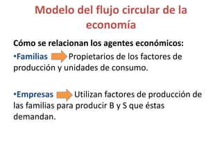 Modelo del flujo circular de la
economía
Cómo se relacionan los agentes económicos:
•Familias Propietarios de los factores de
producción y unidades de consumo.
•Empresas Utilizan factores de producción de
las familias para producir B y S que éstas
demandan.
 
