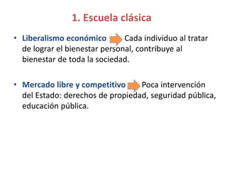 1. Escuela clásica
• Liberalismo económico Cada individuo al tratar
de lograr el bienestar personal, contribuye al
bienestar de toda la sociedad.
• Mercado libre y competitivo Poca intervención
del Estado: derechos de propiedad, seguridad pública,
educación pública.
 