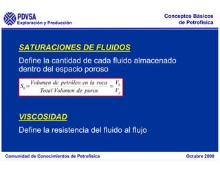 Exploración y Producción
Comunidad de Conocimientos de Petrofísica Octubre 2000
Conceptos Básicos
de Petrofísica
p
V
V
poros
de
Volumen
Total
roca
la
en
petróleo
de
Volumen
S 0
0 =
=
SATURACIONES DE FLUIDOS
Define la cantidad de cada fluido almacenado
dentro del espacio poroso
VISCOSIDAD
Define la resistencia del fluido al flujo
 