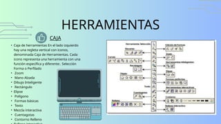 HERRAMIENTAS
• Caja de herramientas En el lado izquierdo
hay una regleta vertical con iconos,
denominada Caja de Herramientas. Cada
icono representa una herramienta con una
función específica y diferente:. Selección
Forma o Perfilado
• Zoom
• Mano Alzada
• Dibujo Inteligente
• Rectángulo
• Elipse
• Polígono
• Formas básicas
• Texto
• Mezcla interactiva
• Cuentagotas
• Contorno Relleno
CAJA
 
