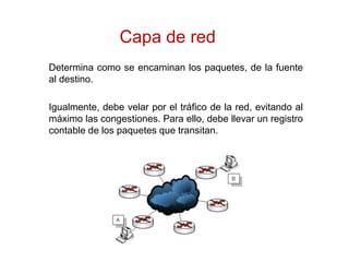 Capa de red
Determina como se encaminan los paquetes, de la fuente
al destino.
Igualmente, debe velar por el tráfico de la red, evitando al
máximo las congestiones. Para ello, debe llevar un registro
contable de los paquetes que transitan.
 