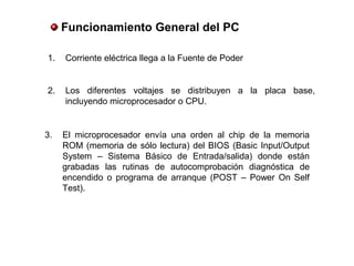 Funcionamiento General del PC
1. Corriente eléctrica llega a la Fuente de Poder
2. Los diferentes voltajes se distribuyen a la placa base,
incluyendo microprocesador o CPU.
3. El microprocesador envía una orden al chip de la memoria
ROM (memoria de sólo lectura) del BIOS (Basic Input/Output
System – Sistema Básico de Entrada/salida) donde están
grabadas las rutinas de autocomprobación diagnóstica de
encendido o programa de arranque (POST – Power On Self
Test).
 