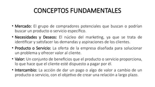 CONCEPTOS FUNDAMENTALES
• Mercado: El grupo de compradores potenciales que buscan o podrían
buscar un producto o servicio específico.
• Necesidades y Deseos: El núcleo del marketing, ya que se trata de
identificar y satisfacer las demandas y aspiraciones de los clientes.
• Producto o Servicio: La oferta de la empresa diseñada para solucionar
un problema y ofrecer valor al cliente.
• Valor: Un conjunto de beneficios que el producto o servicio proporciona,
lo que hace que el cliente esté dispuesto a pagar por él.
• Intercambio: La acción de dar un pago o algo de valor a cambio de un
producto o servicio, con el objetivo de crear una relación a largo plazo.
 