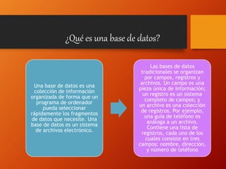 ¿Qué es una base de datos?
Una base de datos es una
colección de información
organizada de forma que un
programa de ordenador
pueda seleccionar
rápidamente los fragmentos
de datos que necesite. Una
base de datos es un sistema
de archivos electrónico.
Las bases de datos
tradicionales se organizan
por campos, registros y
archivos. Un campo es una
pieza única de información;
un registro es un sistema
completo de campos; y
un archivo es una colección
de registros. Por ejemplo,
una guía de teléfono es
análoga a un archivo.
Contiene una lista de
registros, cada uno de los
cuales consiste en tres
campos: nombre, dirección,
y número de teléfono
 
