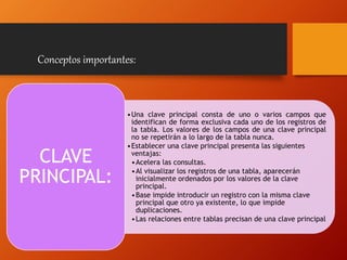 •Una clave principal consta de uno o varios campos que
identifican de forma exclusiva cada uno de los registros de
la tabla. Los valores de los campos de una clave principal
no se repetirán a lo largo de la tabla nunca.
•Establecer una clave principal presenta las siguientes
ventajas:
•Acelera las consultas.
•Al visualizar los registros de una tabla, aparecerán
inicialmente ordenados por los valores de la clave
principal.
•Base impide introducir un registro con la misma clave
principal que otro ya existente, lo que impide
duplicaciones.
•Las relaciones entre tablas precisan de una clave principal
CLAVE
PRINCIPAL:
Conceptos importantes:
 