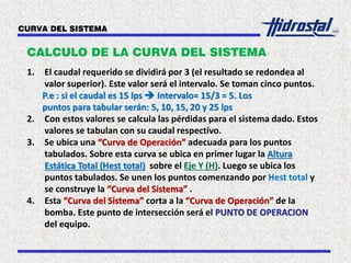 CALCULO DE LA CURVA DEL SISTEMA
1. El caudal requerido se dividirá por 3 (el resultado se redondea al
valor superior). Este valor será el intervalo. Se toman cinco puntos.
P.e : si el caudal es 15 lps  Intervalo= 15/3 = 5. Los
puntos para tabular serán: 5, 10, 15, 20 y 25 lps
2. Con estos valores se calcula las pérdidas para el sistema dado. Estos
valores se tabulan con su caudal respectivo.
3. Se ubica una “Curva de Operación” adecuada para los puntos
tabulados. Sobre esta curva se ubica en primer lugar la Altura
Estática Total (Hest total) sobre el Eje Y (H). Luego se ubica los
puntos tabulados. Se unen los puntos comenzando por Hest total y
se construye la “Curva del Sistema” .
4. Esta “Curva del Sistema” corta a la “Curva de Operación” de la
bomba. Este punto de intersección será el PUNTO DE OPERACION
del equipo.
CURVA DEL SISTEMA
 