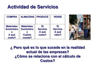 ¿ Pero qué es lo que sucede en la realidad actual de las empresas? ¿Cómo se relaciona con el cálculo de Costos? Actividad de Servicios COMPRA ALMACENA PRODUCE VENDE Materiales Suministros A qué costo? Materiales Suministros Cuánto cuesta? El Servicio A qué costo? El Servicio A qué valor? 