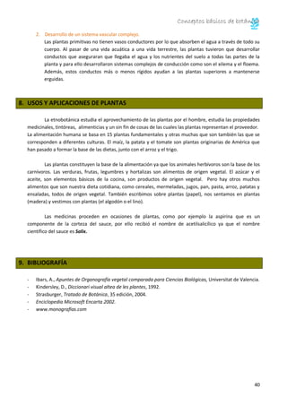 Conceptos básicos de botánica
40
2. Desarrollo de un sistema vascular complejo.
Las plantas primitivas no tienen vasos conductores por lo que absorben el agua a través de todo su
cuerpo. Al pasar de una vida acuática a una vida terrestre, las plantas tuvieron que desarrollar
conductos que aseguraran que llegaba el agua y los nutrientes del suelo a todas las partes de la
planta y para ello desarrollaron sistemas complejos de conducción como son el xilema y el floema.
Además, estos conductos más o menos rígidos ayudan a las plantas superiores a mantenerse
erguidas.
8. USOS Y APLICACIONES DE PLANTAS
La etnobotánica estudia el aprovechamiento de las plantas por el hombre, estudia las propiedades
medicinales, tintóreas, alimenticias y un sin fín de cosas de las cuales las plantas representan el proveedor.
La alimentación humana se basa en 15 plantas fundamentales y otras muchas que son también las que se
corresponden a diferentes culturas. El maíz, la patata y el tomate son plantas originarias de América que
han pasado a formar la base de las dietas, junto con el arroz y el trigo.
Las plantas constituyen la base de la alimentación ya que los animales herbívoros son la base de los
carnívoros. Las verduras, frutas, legumbres y hortalizas son alimentos de origen vegetal. El azúcar y el
aceite, son elementos básicos de la cocina, son productos de origen vegetal. Pero hay otros muchos
alimentos que son nuestra dieta cotidiana, como cereales, mermeladas, jugos, pan, pasta, arroz, patatas y
ensaladas, todos de origen vegetal. También escribimos sobre plantas (papel), nos sentamos en plantas
(madera) y vestimos con plantas (el algodón o el lino).
Las medicinas proceden en ocasiones de plantas, como por ejemplo la aspirina que es un
componente de la corteza del sauce, por ello recibió el nombre de acetilsalicílico ya que el nombre
científico del sauce es Salix.
9. BIBLIOGRAFÍA
- Ibars, A., Apuntes de Organografía vegetal comparada para Ciencias Biológicas, Universitat de Valencia.
- Kindersley, D., Diccionari visual altea de les plantes, 1992.
- Strasburger, Tratado de Botánica, 35 edición, 2004.
- Enciclopedia Microsoft Encarta 2002.
- www.monografías.com
 