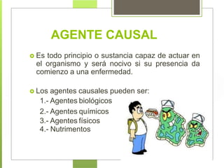  Es todo principio o sustancia capaz de actuar en
el organismo y será nocivo si su presencia da
comienzo a una enfermedad.
 Los agentes causales pueden ser:
1.- Agentes biológicos
2.- Agentes químicos
3.- Agentes físicos
4.- Nutrimentos
AGENTE CAUSAL
 