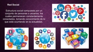 Red Social
Estructura social compuesta por un
conjunto de personas o usuarios, los
cuales permanecen constantemente
conectados, tomando conocimiento de lo
que está ocurriendo en la actualidad.
 