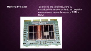 Memoria Principal Es de una alta velocdad, pero su
capacidad de almacenamiento es pequeña,
en esta se encuentra la memoria RAM y
ROM
 