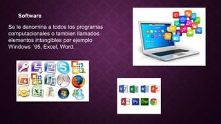 Software
Se le denomina a todos los programas
computacionales o tambien llamados
elementos intangibles por ejemplo
Windows ´95, Excel, Word.
 