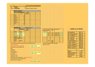 FICHA DE COSTO UNITARIO DIRECTO
COD.    RUBRO                          HA
SUBCOD. SUBRUBRO                       Hormigon Armado de losas

         MANO DE OBRA
         ESP/CATEG RENDIMIENTO           COSTO
                           Hs.         moneda $ (1)
         OF-E                      5
         OF-C                     35
         1/2OF-C                   5
         OF-H                     16
         1/2OF-H                   5
         OF-A                      5
         1/2OF-A                   0
         PP                       26



         MATERIALES                    DOSIFICACIÓN 3-2-1
                      RENDIMIENTO        COSTO                                    volum en    coef. volum en conversion                LAUDO A LA FECHA
                                       moneda $                                   aparente aporte      real
         Hierro       80 kg.                                                         m3
         Piedra       759 lts.                                                        3       0,55    1.650   3.954/1=3/X X=0,759
                                                                                                                                    Escalerista      300,12
         Arena        506 lts.                                                        2       0,57    1.140   3.954/1=2/X X=0,506   Of. Carpintero   284,34
         Cemento      253 lts.                                                        1       0,47    0.470   3.954/1=1/X X=0,253   Of. Finalista    284,34
         Madera       60 p.
         Clavos/alm   25 kg.
                                                                                                                                    Of. Herrero      268,35
         Otros                                                                                                                      Of. Albañil      268,35
         Agua         175 lts.                                                                1,00    0.694                         1/2Of.Madera     236,82
                                                                                                      3.954
(1) Se considera el costo de la Mano de Obra como sumatoria de:                   conversion cemento 253ltsx1.38=350kg
                                                                                                                                    1/2Of. Hierro    220,98
Laudo - aporta 82%                                                                relación A/C 0,50                                 1/2Of. Albañil   220,98
1/2hora para almuerzo - aporta 82%                    incidencia 6,25%                                                              Peón Práctico    205,20
Compensacion por presentismo 5hs                      incidencia 10,42% (8,33%)
Ropa
                                                                                                                                    Peón Común       189,28
Transporte
Herramientas                                                                                                                        Ropa             11,05
Feriados pagos 5+1                                    incidencia 2,50% (2,25%)
AP 1,355%                                             incidencia 1,35%
                                                                                                                                    Herramientas     4,43
Tabajos en altura                                                                                                                   Transporte       9,65
Nocturnidad + 20%                                                                                                                   Altura           19,88
Compensaciones extraordinarias - aporta sobre el 30%
Horas extras por sobre 48hs pago doble
Indemnización por despido ¿...?
                                                      TOTAL 20,52% (18,18%)
 