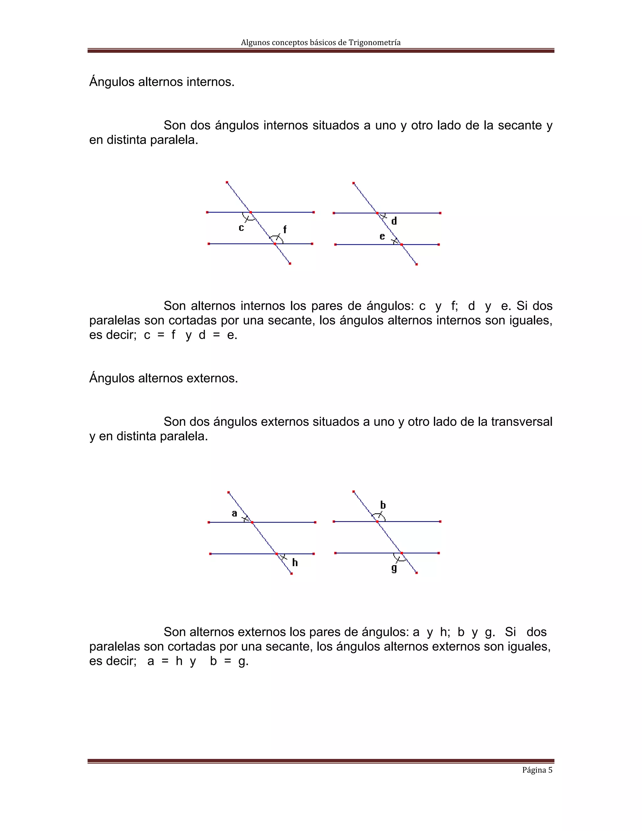 Algunos conceptos básicos de Trigonometría 



Ángulos alternos internos.


              Son dos ángulos internos situados a uno y otro lado de la secante y
en distinta paralela.




             Son alternos internos los pares de ángulos: c y f; d y e. Si dos
paralelas son cortadas por una secante, los ángulos alternos internos son iguales,
es decir; c = f y d = e.


Ángulos alternos externos.


               Son dos ángulos externos situados a uno y otro lado de la transversal
y en distinta paralela.




             Son alternos externos los pares de ángulos: a y h; b y g. Si dos
paralelas son cortadas por una secante, los ángulos alternos externos son iguales,
es decir; a = h y b = g.




                                                                              Página 5 
 