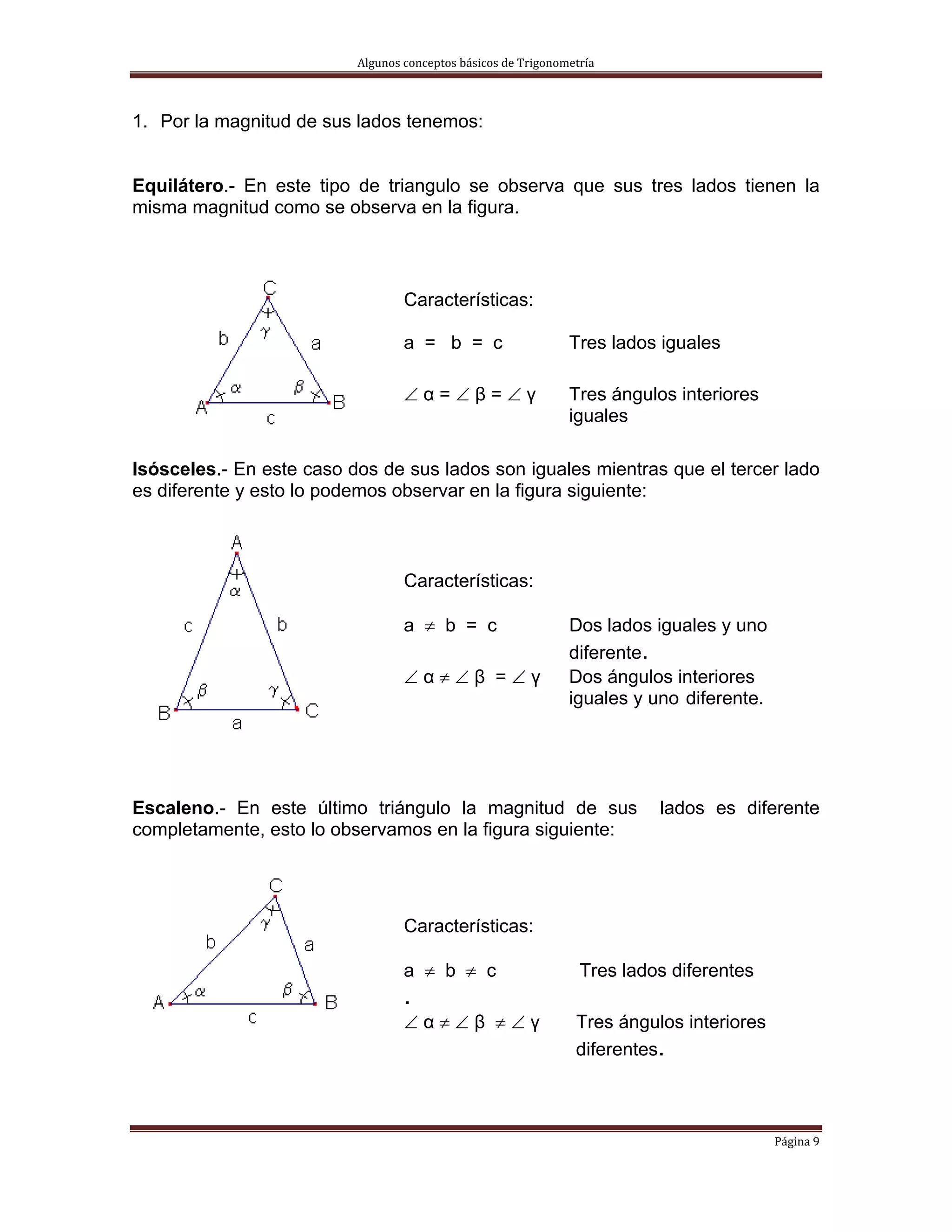 Algunos conceptos básicos de Trigonometría 



1. Por la magnitud de sus lados tenemos:


Equilátero.- En este tipo de triangulo se observa que sus tres lados tienen la
misma magnitud como se observa en la figura.



                                  Características:

                                  a = b = c                    Tres lados iguales

                                  ∠α=∠β=∠γ                     Tres ángulos interiores
                                                               iguales

Isósceles.- En este caso dos de sus lados son iguales mientras que el tercer lado
es diferente y esto lo podemos observar en la figura siguiente:



                                  Características:

                                  a ≠ b = c                    Dos lados iguales y uno
                                                               diferente.
                                  ∠α≠∠β =∠γ                    Dos ángulos interiores
                                                               iguales y uno diferente.




Escaleno.- En este último triángulo la magnitud de sus                     lados es diferente
completamente, esto lo observamos en la figura siguiente:




                                  Características:

                                  a ≠ b ≠ c                      Tres lados diferentes
                                  .
                                  ∠α≠∠β ≠∠γ                      Tres ángulos interiores
                                                                 diferentes.



                                                                                           Página 9 
 