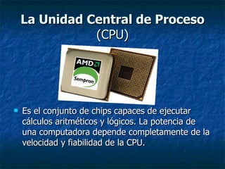 La Unidad Central de Proceso  (CPU) Es el conjunto de chips capaces de ejecutar cálculos aritméticos y lógicos. La potencia de una computadora depende completamente de la velocidad y fiabilidad de la CPU.  