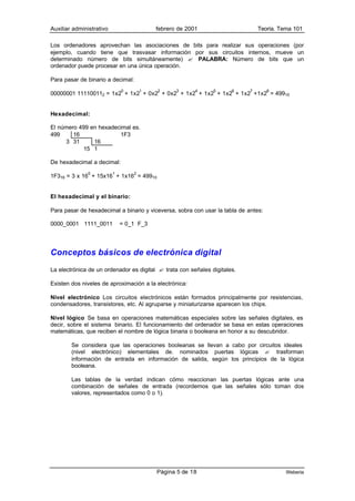Auxiliar administrativo                   febrero de 2001                        Teoría. Tema 101

Los ordenadores aprovechan las asociaciones de bits para realizar sus operaciones (por
ejemplo, cuando tiene que trasvasar información por sus circuitos internos, mueve un
determinado número de bits simultáneamente) ? PALABRA: Número de bits que un
ordenador puede procesar en una única operación.

Para pasar de binario a decimal:
                              0       1   2      3      4      5      6      7       8
00000001 111100112 = 1x2 + 1x2 + 0x2 + 0x2 + 1x2 + 1x2 + 1x2 + 1x2 +1x2 = 49910


Hexadecimal:

El número 499 en hexadecimal es.
499     16              1F3
     3 31      16
           15 1

De hexadecimal a decimal:
              0           1       2
1F316 = 3 x 16 + 15x16 + 1x16 = 49910


El hexadecimal y el binario:

Para pasar de hexadecimal a binario y viceversa, sobra con usar la tabla de antes:

0000_0001 1111_0011           = 0_1 F_3




Conceptos básicos de electrónica digital
La electrónica de un ordenador es digital ? trata con señales digitales.

Existen dos niveles de aproximación a la electrónica:

Nivel electrónico Los circuitos electrónicos están formados principalmente por resistencias,
condensadores, transistores, etc. Al agruparse y miniaturizarse aparecen los chips.

Nivel lógico Se basa en operaciones matemáticas especiales sobre las señales digitales, es
decir, sobre el sistema binario. El funcionamiento del ordenador se basa en estas operaciones
matemáticas, que reciben el nombre de lógica binaria o booleana en honor a su descubridor.

        Se considera que las operaciones booleanas se llevan a cabo por circuitos ideales
        (nivel electrónico) elementales de. nominados puertas lógicas ? trasforman
        información de entrada en información de salida, según los principios de la lógica
        booleana.

        Las tablas de la verdad indican cómo reaccionan las puertas lógicas ante una
        combinación de señales de entrada (recordemos que las señales sólo toman dos
        valores, representados como 0 o 1).




                                          Página 5 de 18                                   Weberia
 