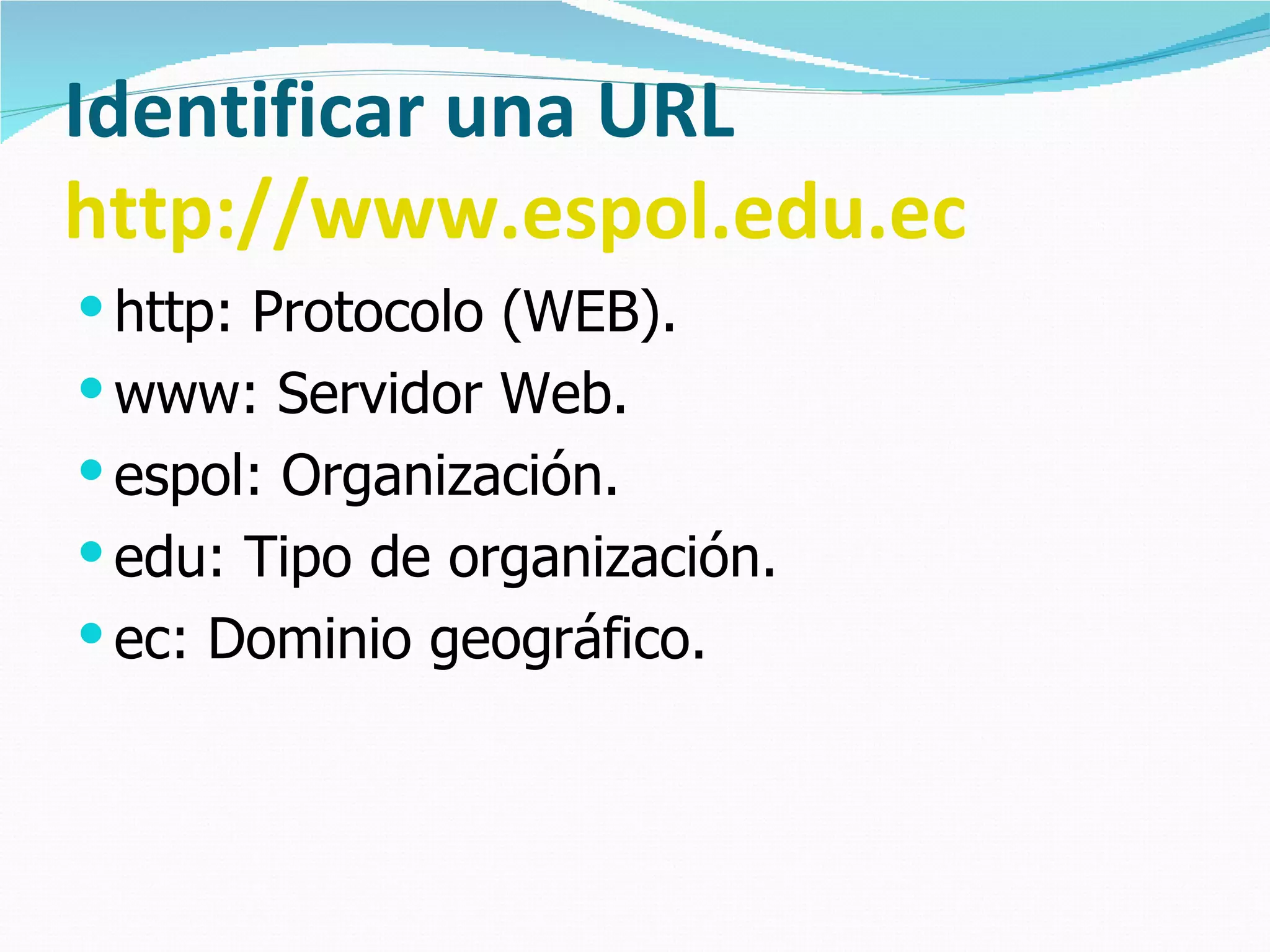 Identificar una URL
http://www.espol.edu.ec
 http: Protocolo (WEB).
 www: Servidor Web.
 espol: Organización.
 edu: Tipo de organización.
 ec: Dominio geográfico.
 