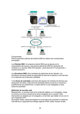 Componentes
Para la operación práctica del sistema DNS se utilizan tres componentes
principales:

Los Clientes DNS: Un programa cliente DNS que se ejecuta en la
computadora del usuario y que genera peticiones DNS de resolución de
nombres a un servidor DNS (Por ejemplo: ¿Qué dirección IP corresponde a
nombre.dominio?);

Los Servidores DNS: Que contestan las peticiones de los clientes. Los
servidores recursivos tienen la capacidad de reenviar la petición a otro servidor
si no disponen de la dirección solicitada.

Y las Zonas de autoridad, porciones del espacio de nombres de dominio que
almacenan los datos. Cada zona de autoridad abarca al menos un dominio y
posiblemente sus subdominios, si estos últimos no son delegados a otras
zonas de autoridad.

Definición de servidor web
Básicamente, un servidor web sirve contenido estático a un navegador, carga
un archivo y lo sirve a través de la red al navegador de un usuario. Este
intercambio es mediado por el navegador y el servidor que hablan el uno con el
otro mediante HTTP.
Se pueden utilizar varias tecnologías en el servidor para aumentar su potencia
más allá de su capacidad de entregar páginas HTML; éstas incluyen scripts



                                        8
 
