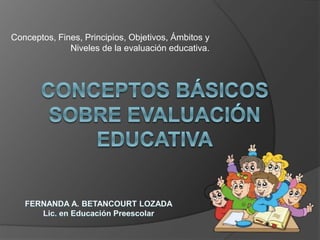 Conceptos, Fines, Principios, Objetivos, Ámbitos y
Niveles de la evaluación educativa.
 
