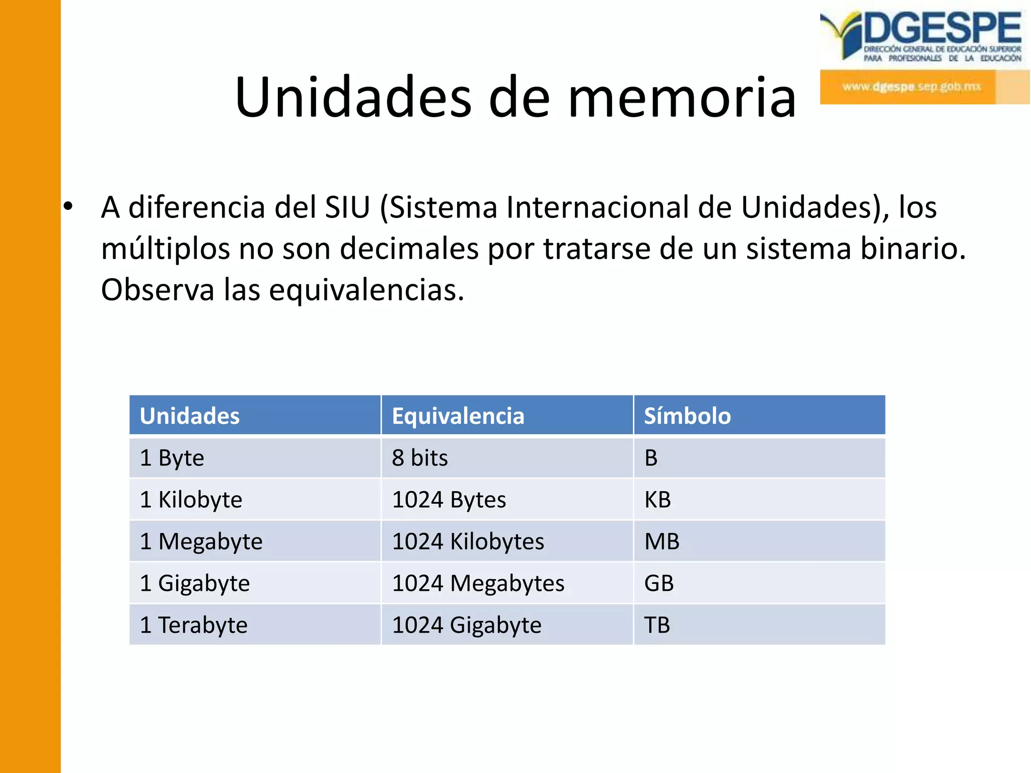 Unidades de memoria
• A diferencia del SIU (Sistema Internacional de Unidades), los
  múltiplos no son decimales por tratarse de un sistema binario.
  Observa las equivalencias.


     Unidades          Equivalencia      Símbolo
     1 Byte            8 bits            B
     1 Kilobyte        1024 Bytes        KB
     1 Megabyte        1024 Kilobytes    MB
     1 Gigabyte        1024 Megabytes    GB
     1 Terabyte        1024 Gigabyte     TB
 