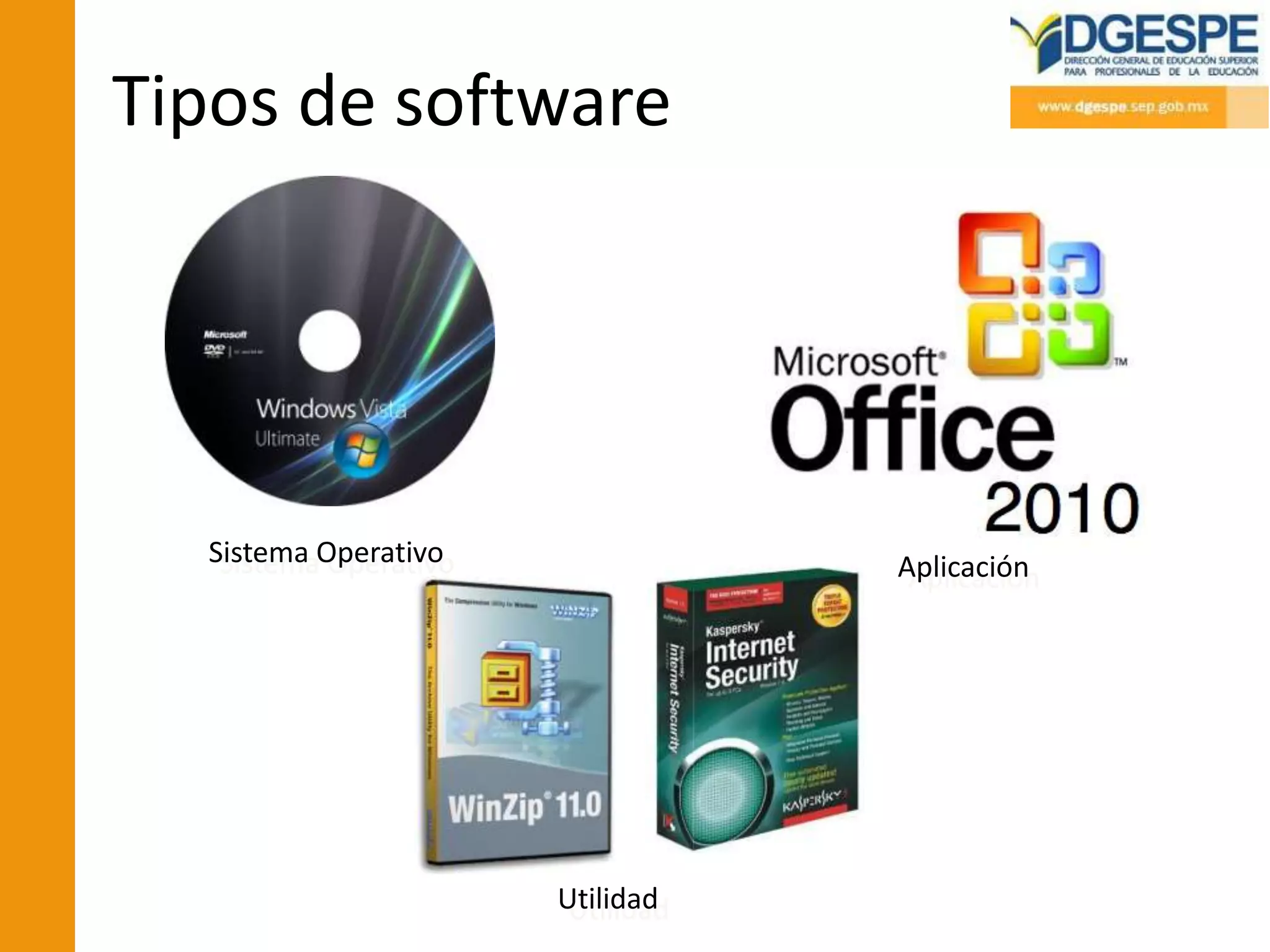 Tipos de software




  Sistema Operativo              Aplicación




                      Utilidad
 
