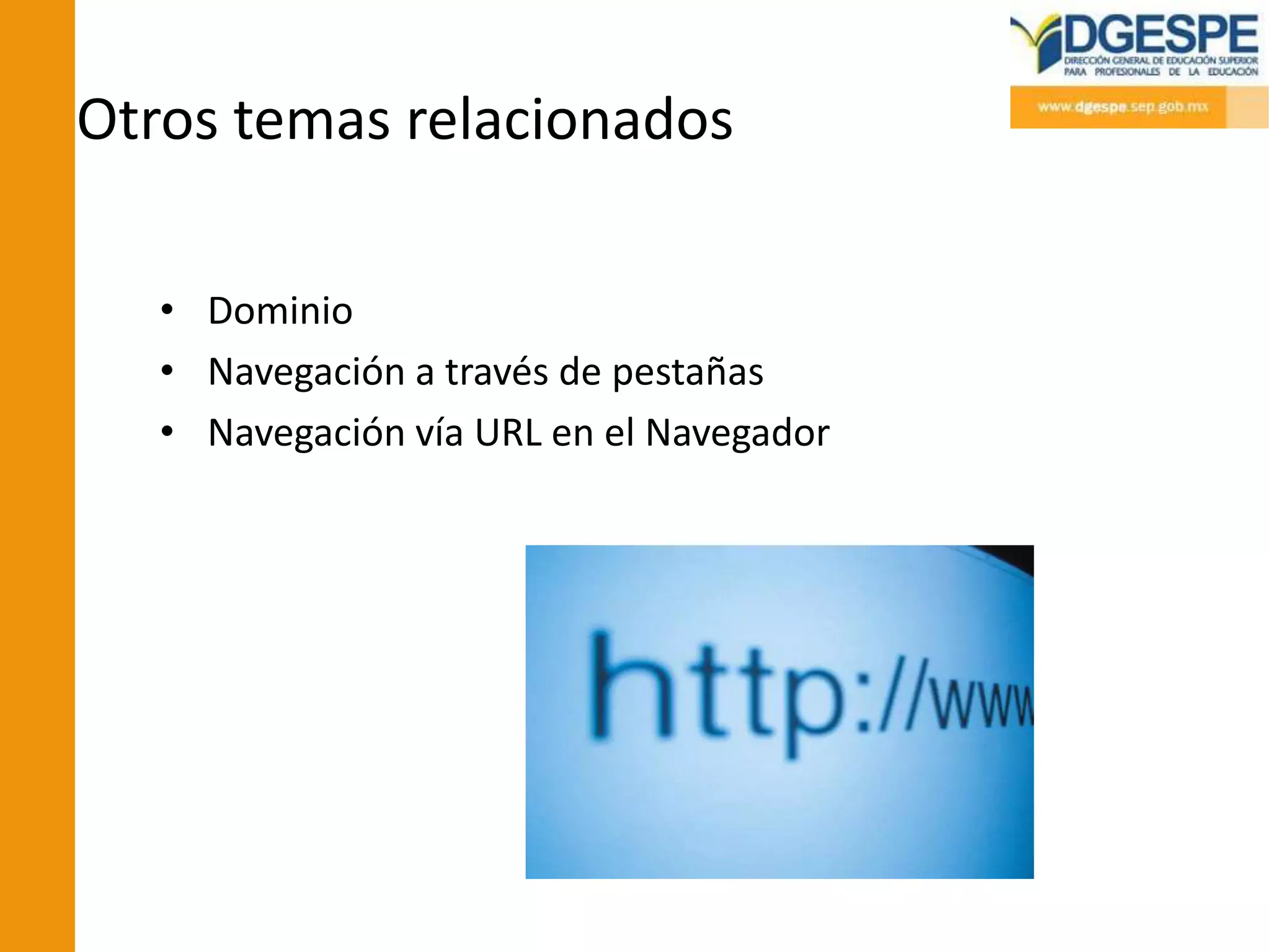 Otros temas relacionados

   • Dominio
   • Navegación a través de pestañas
   • Navegación vía URL en el Navegador
 