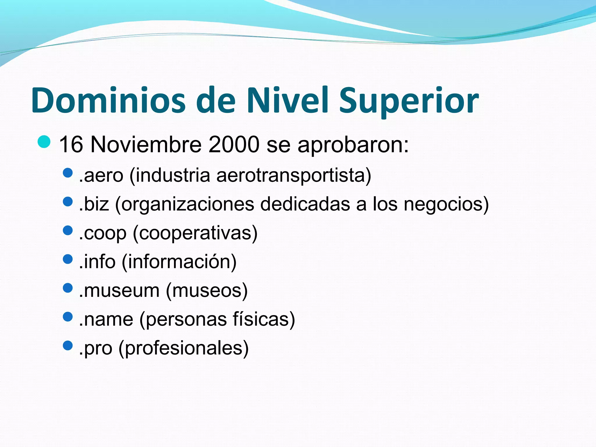 Dominios de Nivel Superior
16 Noviembre 2000 se aprobaron:
  .aero (industria aerotransportista)
  .biz (organizaciones dedicadas a los negocios)
  .coop (cooperativas)
  .info (información)
  .museum (museos)
  .name (personas físicas)
  .pro (profesionales)
 