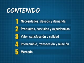Necesidades, deseos y demanda1
Productos, servicios y experiencias2
Valor, satisfacción y calidad3
Intercambio, transacció...